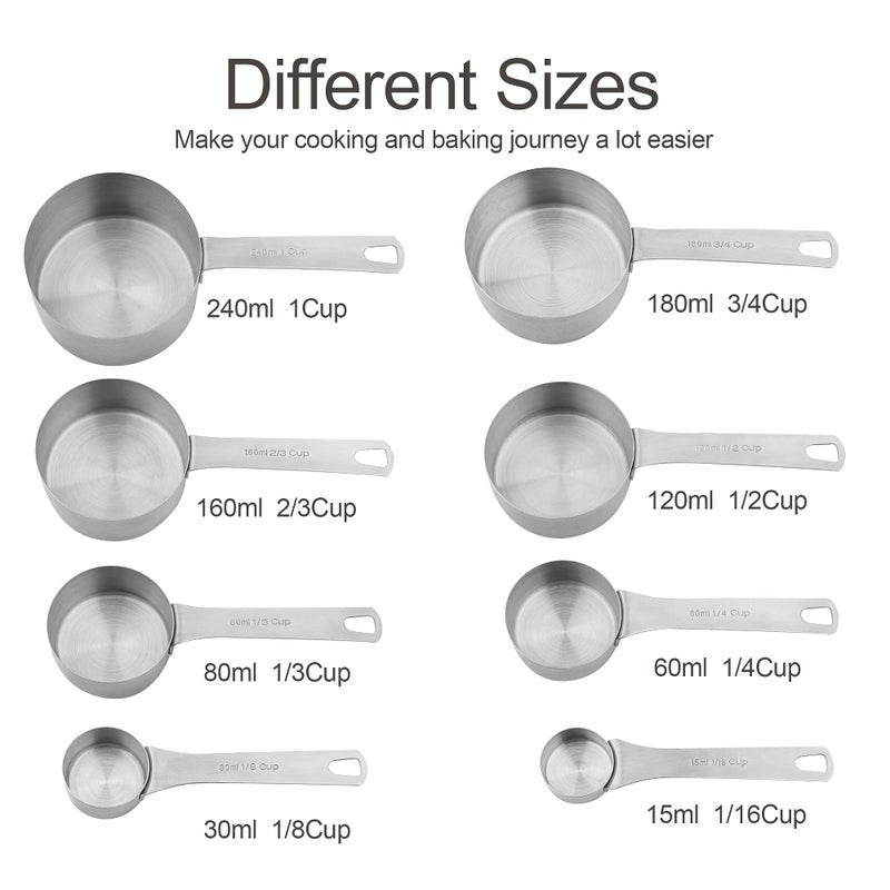 Smithcraft Measuring Cups and Spoons Set, 18/8 Stainless Steel Measuring Cups and Spoons for Kitchen & Baking, Heavy Duty Metric & US 8 Measuring cups, 9 Measuring Spoons Set - Image 2